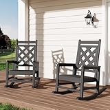 GarveeLife Outdoor Rocking Chair Set of 2, HDPE Weather Resistant Patio Rocking Chair Porch Rocker with Wood Texture & 380Lbs Support for Deck, Pool, Backyard, Black