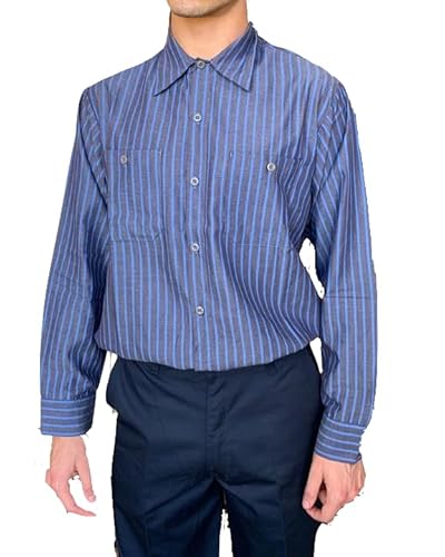 BCO Men's Charcoal with Blue Stripe Long Sleeve Industrial Auto Work Uniform Shirt, 65% Polyester, 35% Cotton (Large)