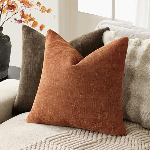 Image of Foindtower Pack of 2 Soft Textured Chenille Throw Decorative Pillow Covers Square Accent Solid Cushion Cover Cozy Neutral Farmhouse Pillow Case for Couch Sofa Bedroom Living Room 26x26 Inch,Orange