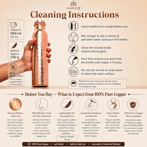 Image of AMRIQE Lab Tested Pure Copper Water Bottle 32 Oz Large Glossy Hand-Hammered