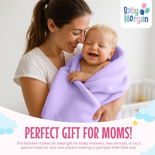 Image of Waffle Crib Baby Blanket - Soft Thermal Nylon-Trimmed Nursery Throw with Silky Texture, Cozy Waffle Design for Girls or Boys, Ideal for Gifting and Baby Showers (Lavender, 36x50 Inches)