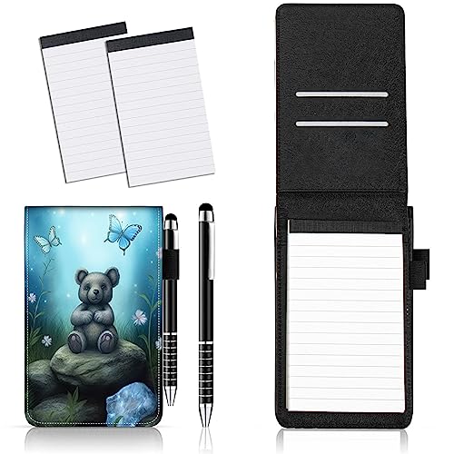 BEOTIWAD Small Pocket Notepads Holder Set 4Pcs-Mini Pocket Notebook PU Leather Cover with 1pcs Metal Pen and 2pcs Lined Memo Book Refills for Meeting,Daily Records,Notes,Butterfly Bear