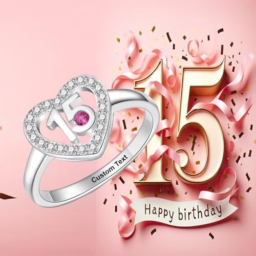 925 Sterling Silver Personalized Daughter Sweet 15 Heart Rings Engraved 15th Birthday Ring with Created Birthstone Gift for Women4
