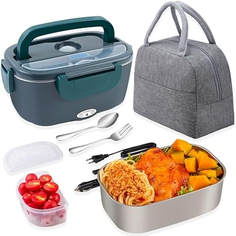 Nifogo Electric Lunch Box Food Heater 80W Heated Lunch Boxes for Men 1.5l Electric Lunch Box for Adults Portable 12/24/110V Heating Lunchbox for Work/Car/Truck with Insulated Bag(1.5L-Blue) Cover
