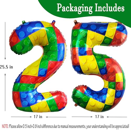 Image of 32 Inch Building Block Number 25 Balloons birthday Block Themed Large Big Helium Foil Mylar Balloon for Girls Boys Birthday Party Decoration Supplies
