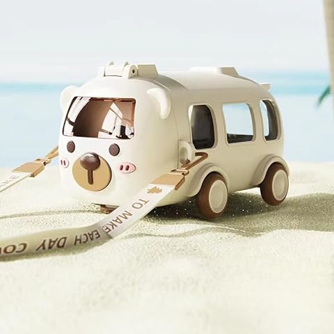 excvalues Bus Straw Water Bottle With Strap,17oz Portable Cute Bear Car Water Bottles with Movable Wheels, Leakproof BPA free Bear Drinking Jug for Camping Trips Girls School Sports (White) Cover