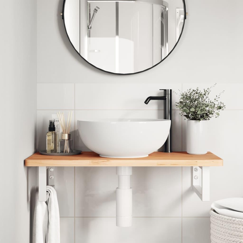 Scaffale per lavandino, montaggio a parete, in acciaio e legno massello di faggio, 80 x 40 cm, con 2 supporti bianchi, salvaspazio per bagno, ripiano stabile per lavabo e mobili da bagno