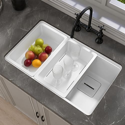 White Undermount Kitchen Sink 30 x19 Granite Composite Kitchen Sink Single Bowl Deep Drop-in Undermount Workstation Sink with Accessory Kit