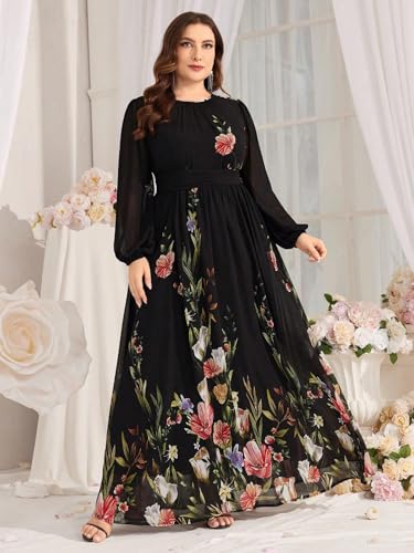Image of Spring Summer 2024 Plus Size Womens Dresses V Neck Casual Elegant Long Sleeve Floral Print Maxi Dress
