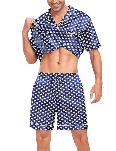 Image of SWOMOG Men Silk Pajama Set Short Sleeve Satin PJs Sets 2 Piece Button Down Sleepwear Soft Summer Loungewear with Pockets