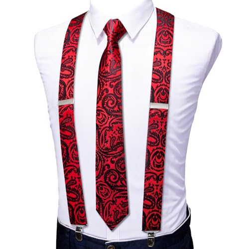 Image of Barry.Wang Men Suspender Set with Necktie Elastic Y Type Heavy Duty 6 Clips Braces Tie Handkerchief Cufflink Pin 6PCS