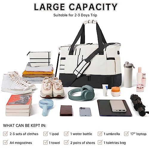 ETRONIK Gym Bag for Women, Travel Duffel Bag with USB Charging Port, Weekender Overnight Bag with Wet Pocket and Shoes Compartment for Women, Travel, Gym, Yoga (Khaki/Black)2