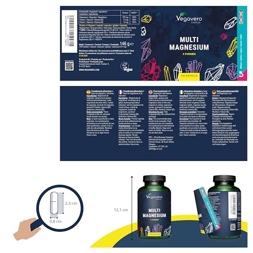 Magnesio Complex | 375 mg de Magnesio | Citrato + Bisglicinato + Taurato + Malato | 180 Cápsulas | Vitamina B6 & B2 | Sin Aditivos & Vegano | Vegavero
