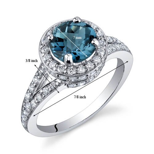 PEORA London Blue Topaz Ring for Women 925 Sterling Silver, Vintage Halo Design, Natural Gemstone, 1.50 Round Shape 7mm, Sizes 5 to 93