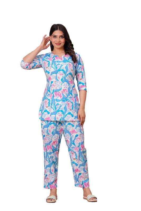 Image of 100% Cotton Printed Night Suit for Women's Shirt and Pyjama Sleep wear Set for Womens and Girls