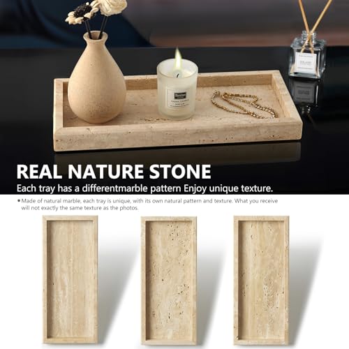 Image of Real Natural Travertine Tray for Bathroom, Vanity, Kitchen and Desktop, Rectangle Genuine Marble Stone Tray for Jewelry, Cosmetics, Candles, Lotion, Perfume and Home Decor, 12 inchx5 inch Size