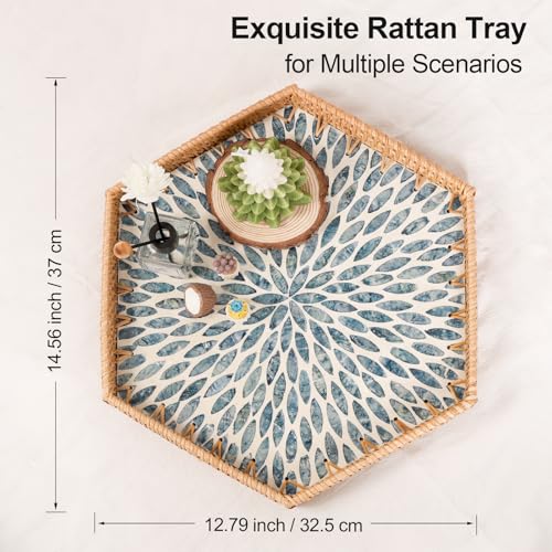Tynulox Hexagon Rattan Tray with Mother of Pearl Inlay, Rattan Serving Tray for Coffee, Bread, Fruits, Snacks, Decorative Wicker Tray for Table Decor, Home Decor (Light Blue Leaves, 14.5"×12.8") by Tynulox - Image 9