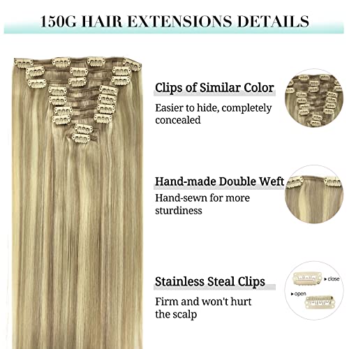 Image of DOORES Human Hair Clip Extensions, Light Blonde Highlighted Golden Blonde 150g 9pcs 20 Inch, Natural Remy Clip in Hair Extensions Straight Thick Hair Extensions