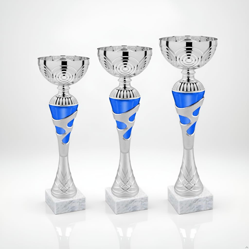Tris Coppe Premiazioni – Set 3 Coppe Sportive 1°, 2° e 3° Posto in ABS con Base Marmo + Targhetta Personalizzata Omaggio