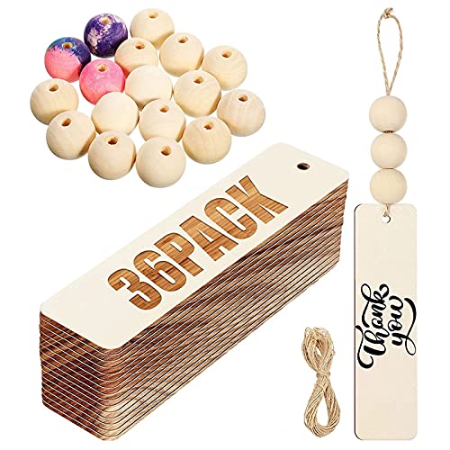 Zuzer Marcapáginas de Madera en Blanco Marcadores de Libros,Rodajas de Madera Natural Troncos Madera Discos de Madera 36PCS Marcadores de Libros con 60 Cuentas de Madera y Cordel Cover