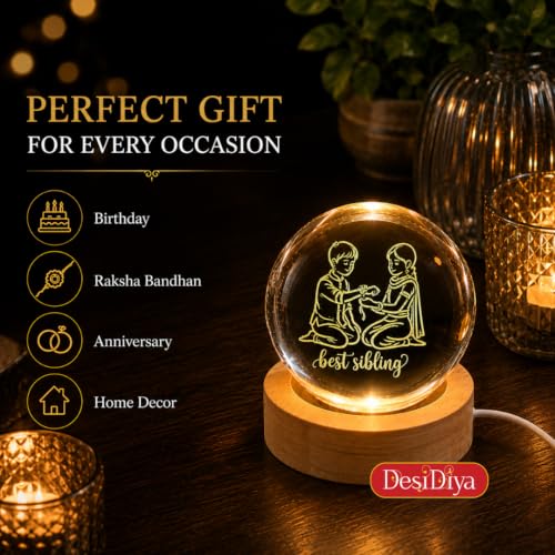 Image of Desidiya 3D Crystal Ball LED Lamp for Brother Sister Rakhi Gift, USB Base | Made from clear K9 crystal with a smooth finish and elegant wooden LED base.
