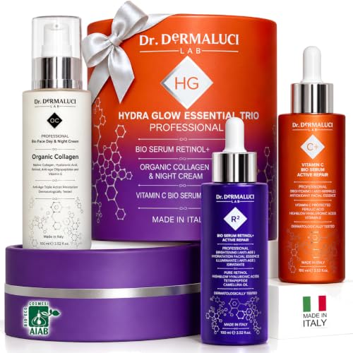 Dr. Dermaluci Lab Cofre Regalo Mujer Antiarrugas Retinol Vitamina C 3x100ml | Idea Regalo Navidad - Serum Vitamina C + Serum Retinol Puro + Crema Colágeno Marino - Piel Sensible - AIAB BIO, Italy