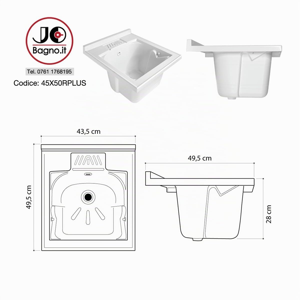 Lavatoio Lavapanni in Resina PP, Bianco, 45x50 Ideale per Ricambio o Installazione su Mobile o Piano da appoggio in Lavanderia o Cucina Incluso di Kit Sifoneria