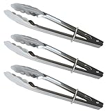 Set of 3 Stainless Steel Clam Shell Food Service Tongs with Sliding Rings. Quality Construction, Dishwasher Safe (16