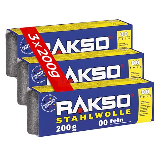 RAKSO Stahlwolle fein 00-600 g, 3 Banderolen à 200g, glättet Hölzer, Reinigung Kunststoffjalousien, Gartenmöbel, aufpolieren Aluminium RAKSO Stahlwolle fein 00-600 g, 3 Banderolen à 200g, glättet Hölzer, Reinigung Kunststoffjalousien, Gartenmöbel, aufpolieren Aluminium