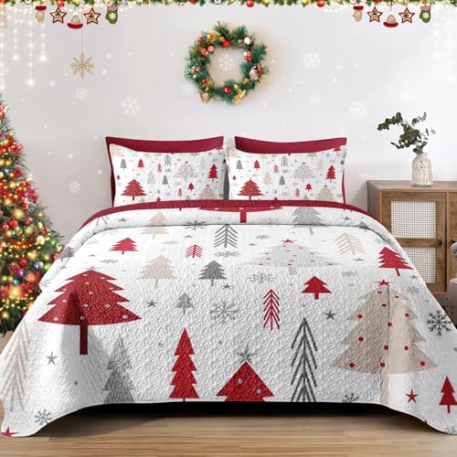 Christmas Full/Queen Size Quilt Set, Abstract Pine Tree Lightweig...