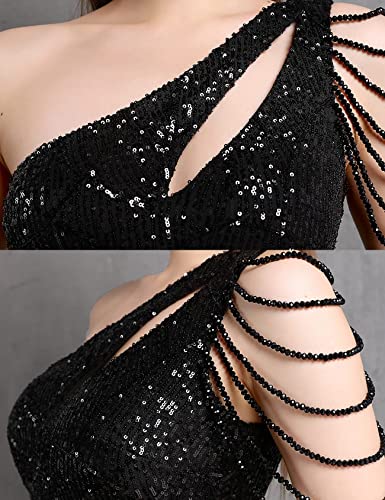 Image of Women One Shoulder 1920s Plus Size Formal Dress Tassels Sleeve Sequins Gatsby Maxi Evening Gown