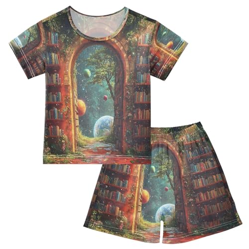 ALAZA Planet Solar System Book Bookworm Pajamas Set Short Sleeve Cotton Sleepwear Summer Pjs 2 Piece 5-14Y