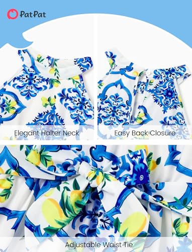 Image of PATPAT Family Hawaiian Matching Outfits - Mommy and Me Vacation Outfits | Halter Sundresses and Button Down Shirts,Caribbean Vacation Summer Tropical Outfits,Hawaiian Boho Tropical Floral Printed