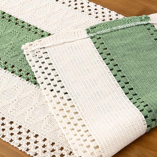 Image of MLMC Sage Green Boho Table Runner Farmhouse Macrame Woven Table Runner 48 inch Long Rustic Cotton Linen Blend Table Decor for Dinning Kitchen Wedding Bridal Shower Eveyrday Use 12x48 Inch