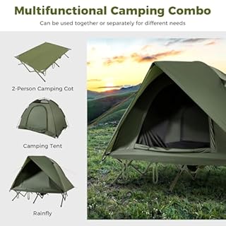 COSTWAY 2 Person Foldable Camping Tent, Elevated Tent Cot with Camping Bed, Waterproof Rainfly, 2 Mesh Doors and Wheeled Bag, Portable Outdoor Dome Tent (Round, 194 x 145 x 150 cm)