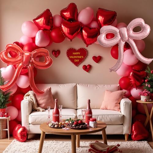 Image of 4 Pcs Red and Pink Bow Balloons Bow Party Decorations for Girl Women Pink Bow Birthday Decorations for Baby Shower Engagement Wedding Christmas Decor Bachelorette Party Supplies