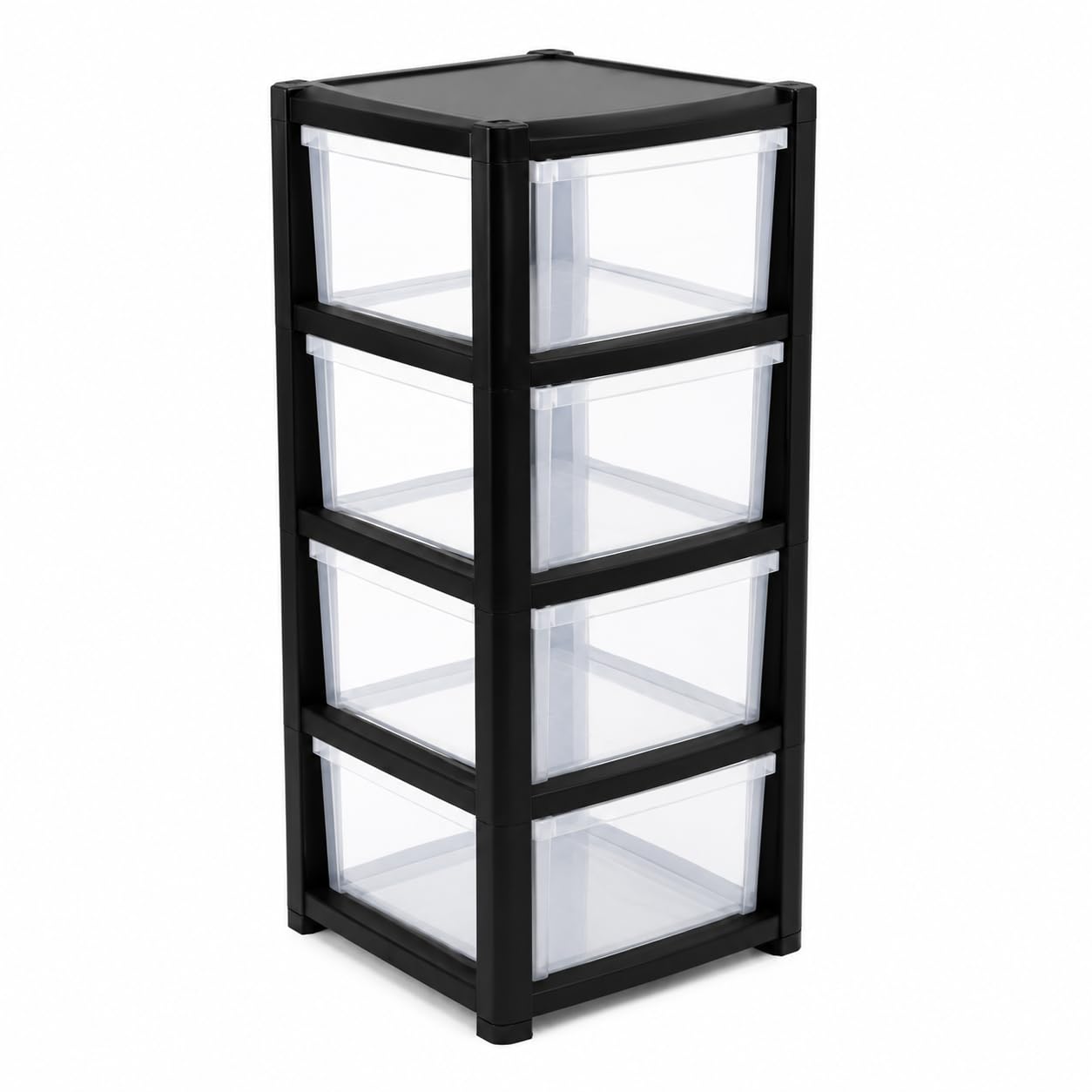 4 Drawer Storage Tower Plastic Storage Unit Clear Drawers Black Frame Organiser Cabinet for Bedroom, Office, Home, Bathroom & Craft Storage