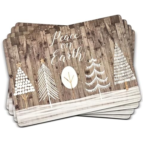 Pimpernel Wooden White Christmas Placemats (Set of 4) - Cork-Backed, Heat-Resistant Table Mats, (15.7" x 11.7") - Durable Hard Placemats with Festive Snowy Tree Design for Dining Table Cover