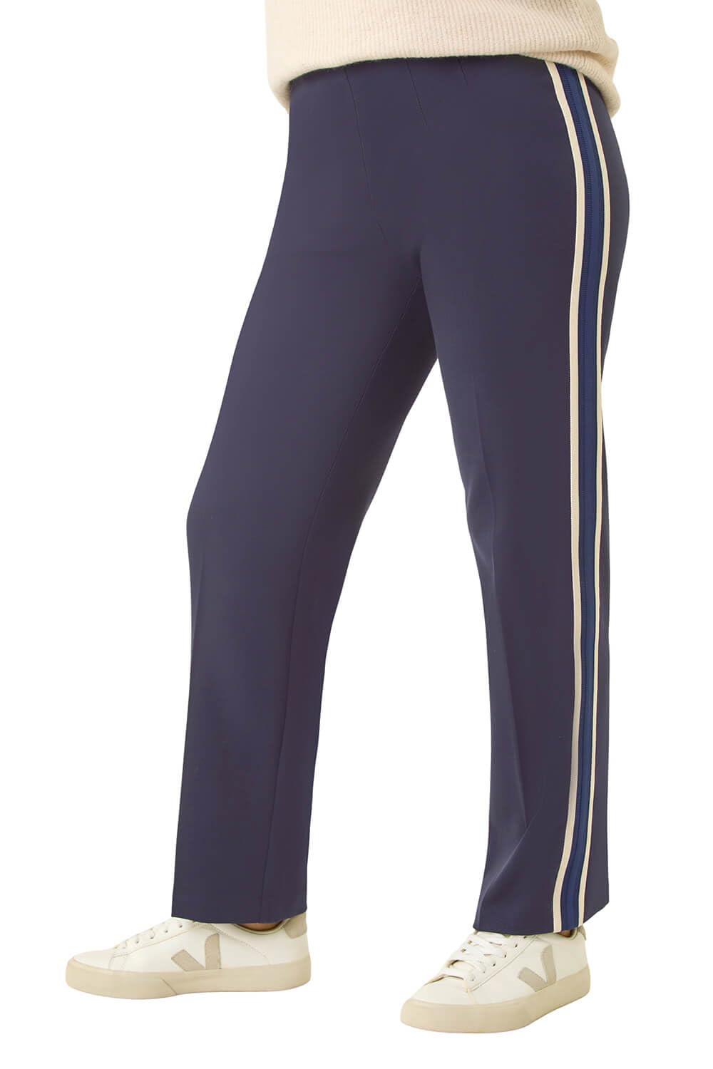 Roman Women's Navy Petite Side Stripe Ponte Trouser In Size 16