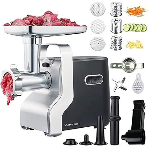 Fleischwolf Elektrisch, 5 in 1 Multifunktions Elektrischer Fleischwolf, 2500W Max Blockierleistung, Fleischwolf mit Wurstfüller, 3 Edelstahl Lochscheibe & 3 Kegel-Klingen,Kubbe & Cookie Aufsatz Cover