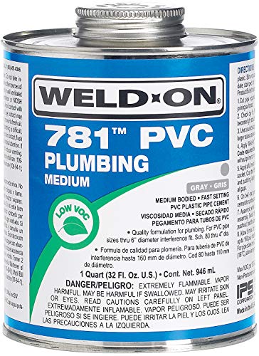 Weld-On 14011 781 PVC Medium-Bodied High-Strength Plumbing Solvent Cement - Fast-Setting and Low-VOC, Gray, 1 Quart (32 fl oz)