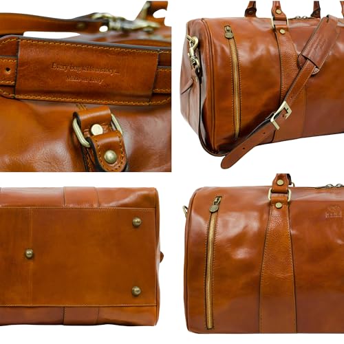 Image of Time Resistance Leather Duffel Bag - Large Weekend Gym Travel Bag (Cognac Brown)