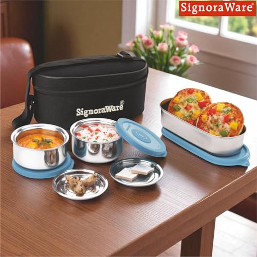 Image of Signoraware Double Decker Stainless Steel Lunch Box | Airtight & Leakproof | Ideal for Office & School Meals | Great for Travelling & Outdoors (260ml + 260ml + 650ml | EBlue)