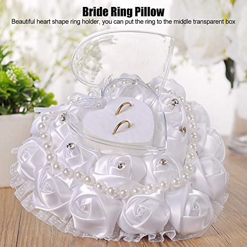 Wedding Ring Pillow, Heart-Shaped Ring Pillow Cushion Box with Ribbon Pearl Wedding Ceremony for Wedding Supplies Gift, 17x16cm - Thumbnail 6