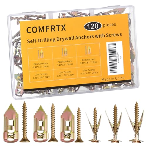 ComfrtX 3 Sizes Metal Expansion Bolts for Drywall - 120PCS Self Drilling Anchors with Screws,Drywall Screws and Anchors Kit,No Drill Hole Needed for Mounting TV,Shelf, Mirror,Cabinet,Picture Frames