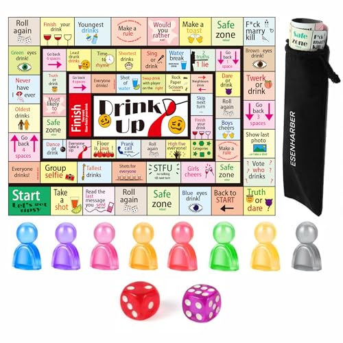ESENHARBER Drink Up Board Game, Drinking Games for Adults, Ideal for Girls Night Out, Adult Games for Game Night, Party Games (2-8 Players, Age 21+)