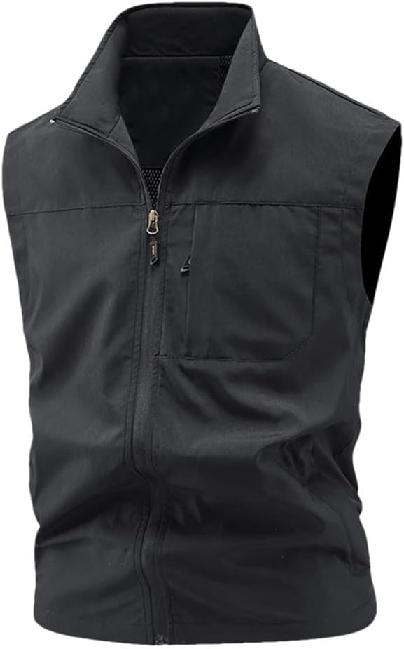 Men's Solid Color Casual Lapel Zipper Stitching Simple Classic Outdoor Vest