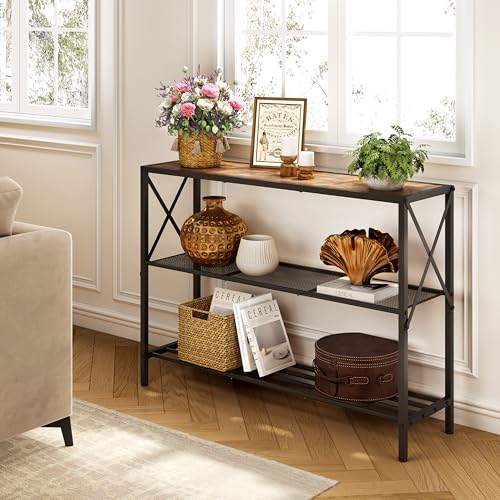 Image of Hoctieon Industrial Console Table, 3 Tier Entryway Table, Hallway Table, Narrow Sofa Table with Shelves, Entrance Table for Entryway, Living Room, Foyer, Hallway, Office, Rustic Brown&Black