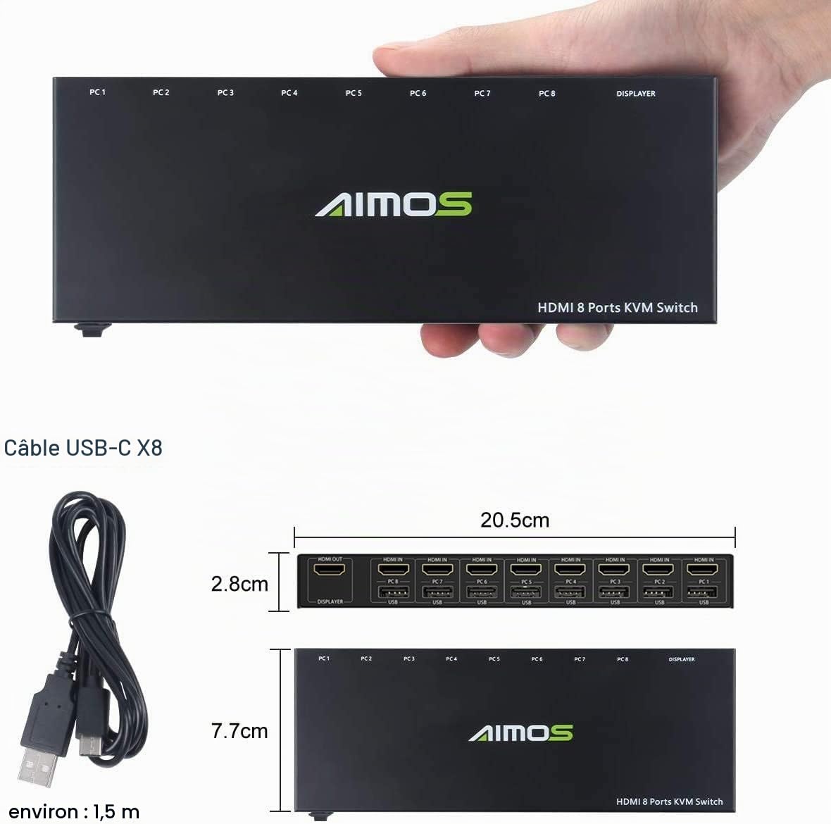 AIMOS KVM Switch HDMI, USB Commutateur 8 Port avec 4K@30Hz Ultra HD 1080P 3D avec Windows 2000/XP/Vista Linux et Mac pour PC Surveiller Clavier Souris