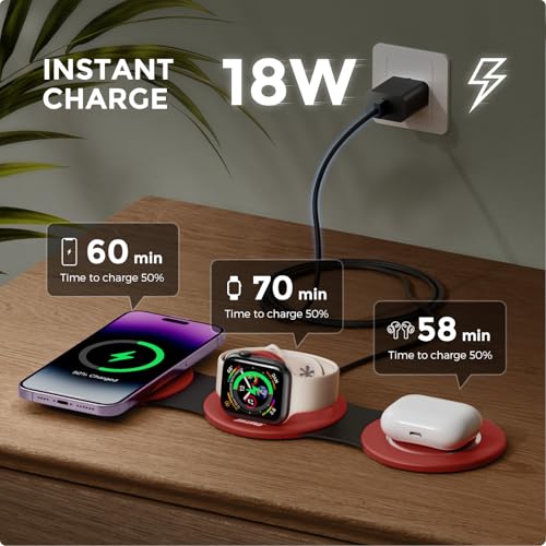 Image of Hicober 3 in 1 Wireless Charging Station for Apple Watch and iPhone Air 17 16 15 14 13 12 Pro Max /Plus, Magnetic Foldable Wireless Travel Charger Station Stand for Airpods iWatch All Series Dark Red